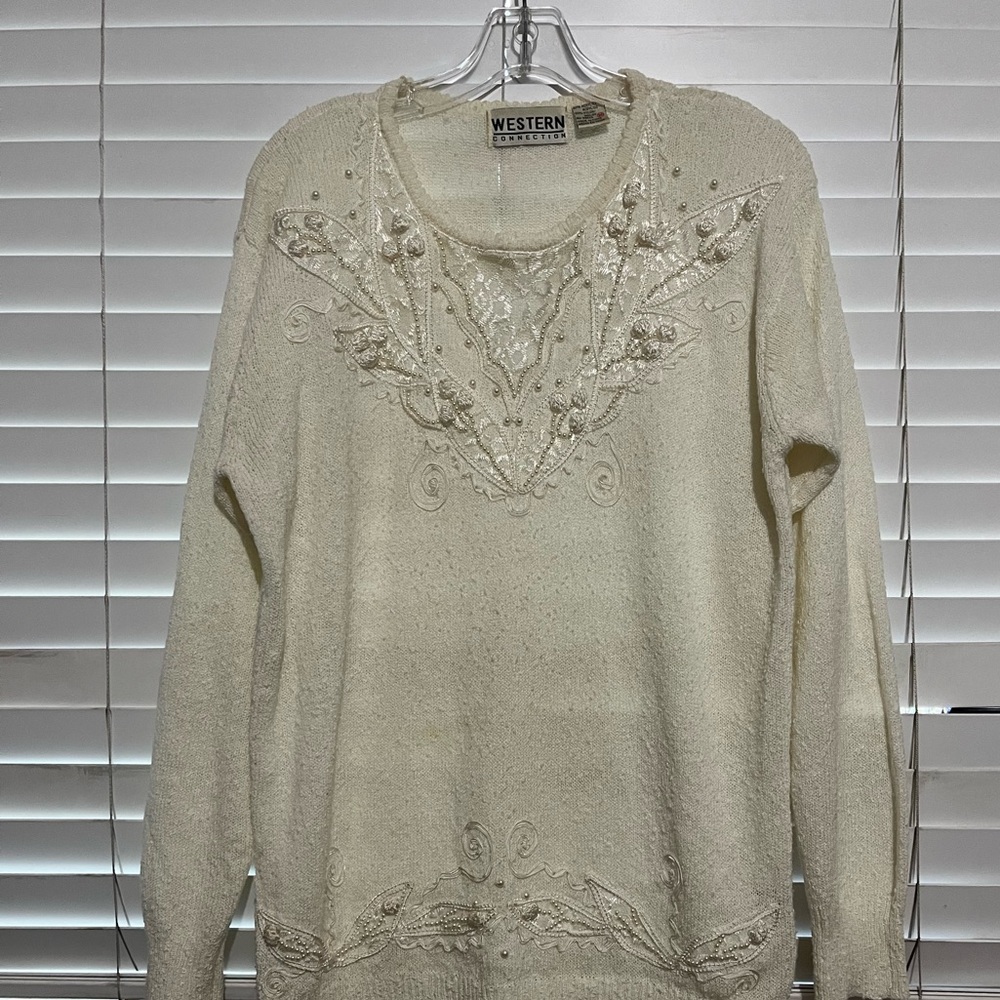 Western Traditions Cream Embellished Crewneck Sweater